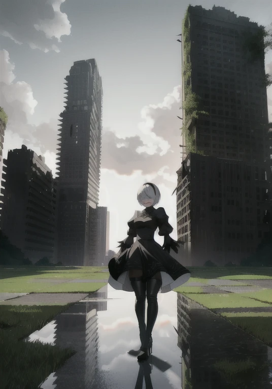 yorha no. 2 type b, 1girl, absurdres, black blindfold, black dress, black hairband, blindfold, blue sky, boots, building, city, cloud, covered eyes, debris, huge ass, huge breasts, huge thighs, narrow waist, wide hips, thick thighs, curvy, dress, feather-trimmed sleeves, feather trim, from below, gloves, grass, hairband, high heel boots, high heels, highres, juliet sleeves, katana, leather, leather boots, long sleeves, nier \(series\), nier automata, outdoors, overgrown, pod \(nier automata\), post-apocalypse, puddle, puffy sleeves, rubble, ruins, scenery, sky, thigh boots, thighhighs, thighhighs under boots, water
