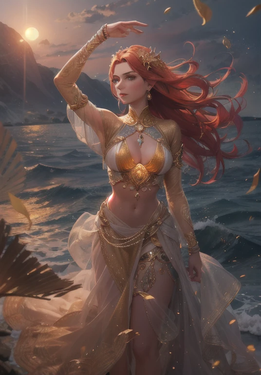 ( high quality , Very detailed to the touch ) ( careful hand ) Constellation - Aries Goddess , Similar to Latin goodness , Brave ,purposeful ,productive ,enterprising and humanitarian face . Moody, impulsive, impatient, aggressive style . sunset reddish hair , transparent dress , In the sea with the sun , whole body , crystal fire eyes ( eye ) . Powerful and strong makeup look . goddess of fire .