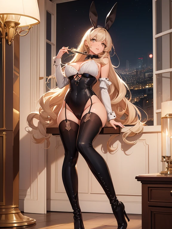 (best quality, 4k, 8K, high resolution, chef-d&#39;artwork:1.2),
	Ultra-detailed,
	Detailed face,
	detailed lips and eyes,
	apparence attractive,
	visage expressif,
	animated style,
CASSER
	Valerie the Thief beautiful caucasian woman with messy wavy (Longueur d&#39;shoulder:1.3) cheveux blond,
	23 ans,
	((gros yeux)),
	(yeux marrons:1.4),
	Sourcils bruns,
	peau claire,
	Slim and athletic,
CASSER
	detailed perfect fingers,
	des mains parfaites,
	perfect and detailed face,
	rougissement intense femme courte lèvres fermées sourire narquois beaux yeux brillants détaillés attention arrogante expression légèrement timide et salope
	(seulement:1.2)
CASSER
	[:assis à un bureau,
	((Écarter les jambes, 	m jambes):1.4),
	sangle d&#39;entrejambe:7],
CASSER
	((costume de lapin playboy inversé))
	fausses oreilles de lapin
	(luxurious black knee high stiletto boots:1.3),
CASSER
	An elegant, elegant, bureau moderne avec une grande fenêtre offrant une vue spectaculaire sur la ville la nuit.
	Le bureau est joliment décoré avec des meubles de haute qualité et des artworks d&#39;tasteful art.
	Le bureau est fait d&#39;elegant, bois sombre, complementing the overall aesthetic.
	Windows are floor to ceiling, allowing the light of the moon to&#39;inonder la pièce.
	The cityscape outside is vibrant, with twinkling lights illuminating the buildings.
	Le bureau baigne dans une douce, lueur chaude, creating a warm and inviting atmosphere.
	pleine lune.