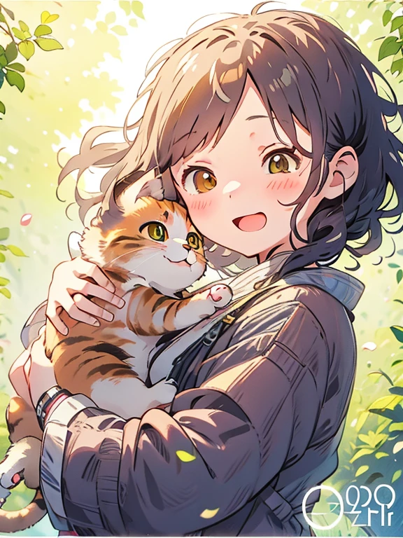 anime girl holding a cat in her arms in front of a tree, Cute cat anime visual, cute anime cat girl, 大きな頬がholding a cat, very beautiful cute cat girl, beautiful anime cat girl, she is holding a cat in her arms, holding a cat, guweiz and Makoto Shinkai, Written by Eizan Kikukawa