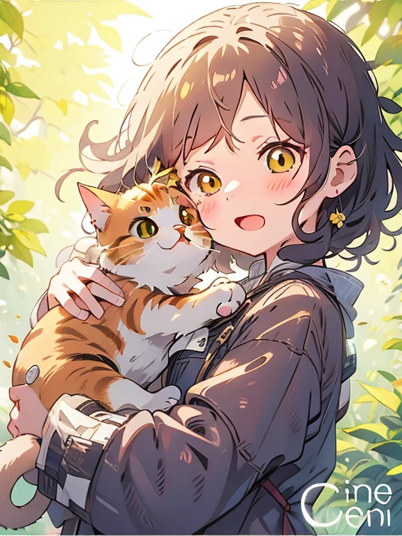 (((masterpiece, Highest quality, 1 girl with cat ears, alone, 独奏))), (((two side bun hairstyle, a little lighter brown hair,Lift all the hair on the sides, Thin eyebrows:1.8, bangs, Beautiful Eyes, Droopy eyes:1.6, Black Eyes))), (smug face, :3 face, smug face, Close your mouth, Red round cheeks, Mouth ω) View your viewers, 1, (((White hoodie, Black shorts))), Small breasts, ((whole body, squat, Holding one detailed kitten,)), from the front, countryside,
