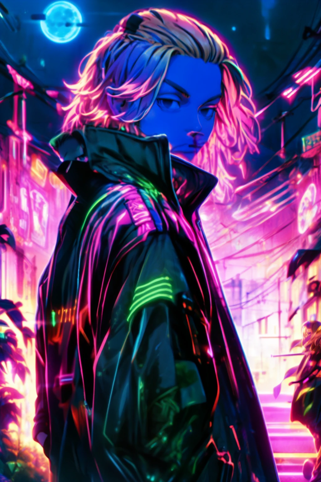 depth of field, sharp detail, best quality, looking at viewer, 1boy, solo, male focus, manjirou_sano, blonde hair, black eyes,purple jaket,neon jaket,glwo jaket,old town,night time,moon rise ,Mikey