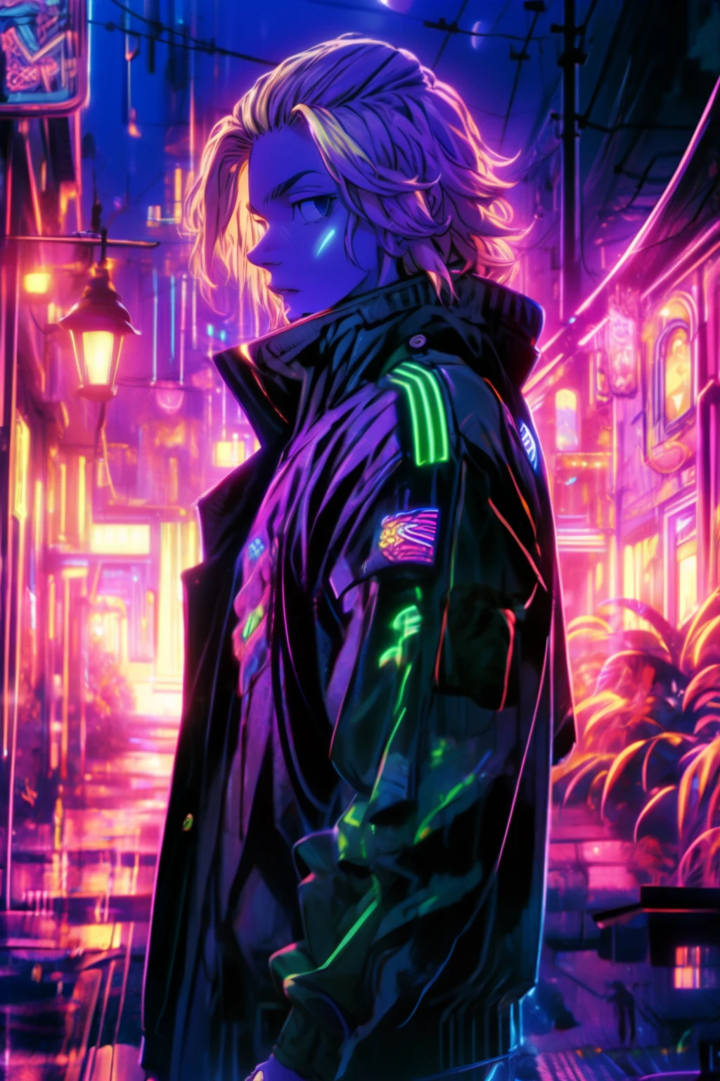 depth of field, sharp detail, best quality, looking at viewer, 1boy, solo, male focus, manjirou_sano, blonde hair, black eyes,purple jaket,neon jaket,glwo jaket,old town,night time,moon rise ,Mikey