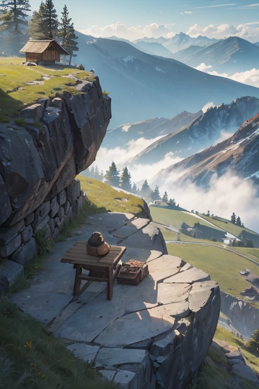 Slavic smithy up on the mountain, thatched roof, smithy on a rocky cliff, anvil, forging tools