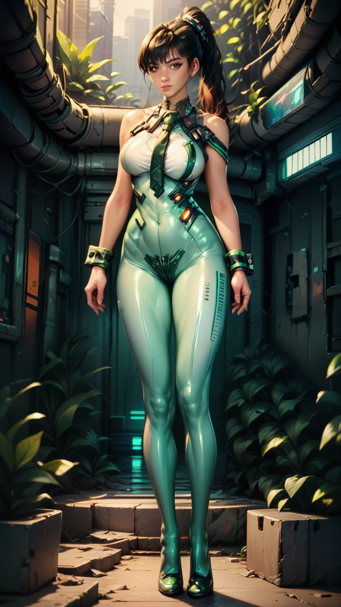 eve (stellar_blade), solo, bodysuit, necktie, abandoned cyberpunk city overgrown with plants, standing, looking at viewer, shiny clothes, skin tight, full body, bare shoulders, lips, green necktie, large breasts, wrist cuffs, shiny, sleeveless, high heels, BREAK , zPDXL, score_9, score_8_up, score_7_up, score_6_up, score_5_up, score_4_up