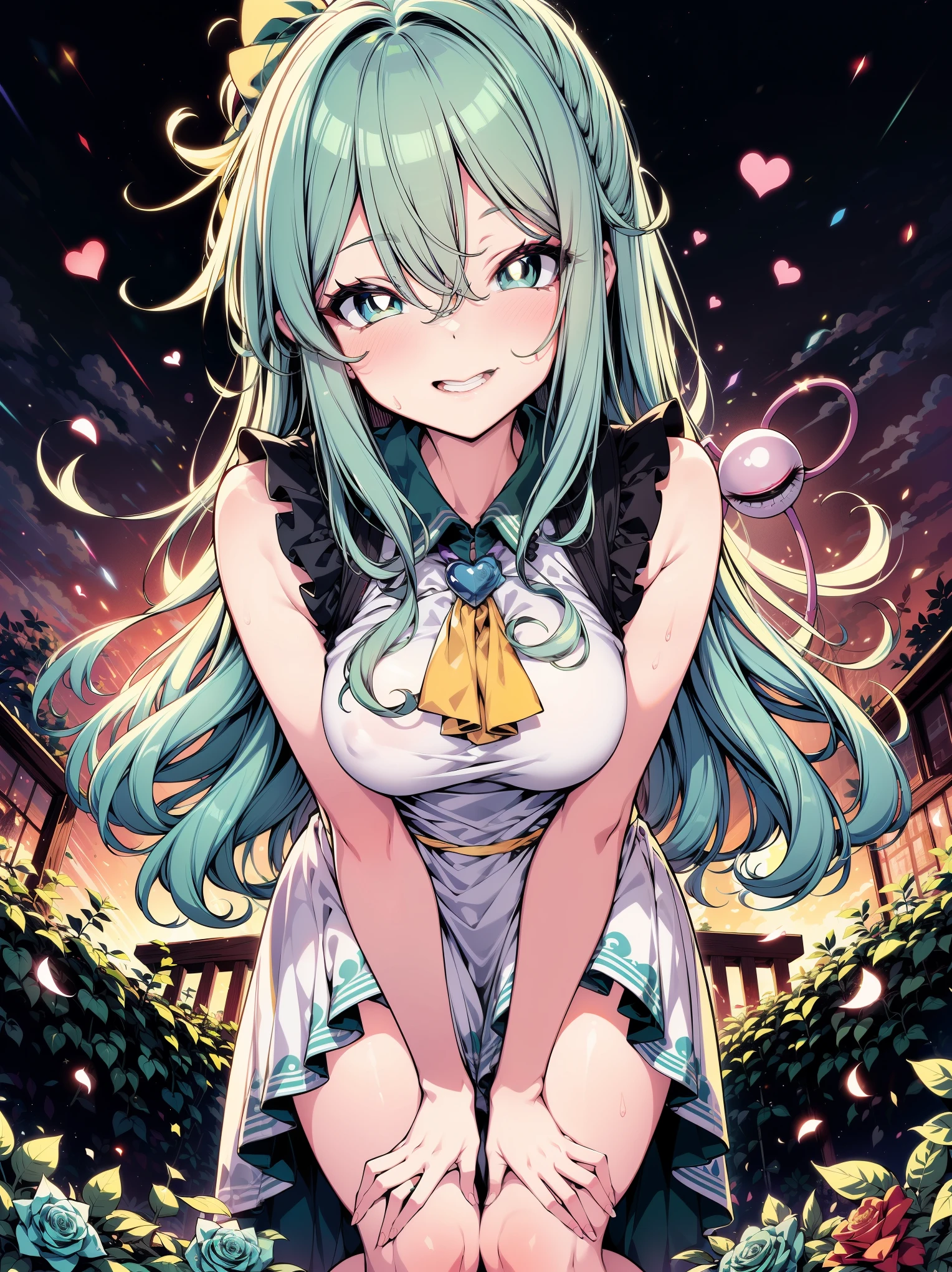 (masterpiece), (colorful), (ultra-high resolution, depth of field:1.2), looking at viewer, (komeiji koishi:1.1), (1woman), adult, Touhou project, medium breasts, (dark green eyes), white pupils, glowing eyes, green hair, wavy hair, (long hair), yellow ribbon, ponytail, (wearing a white summer dress:1.2). A closed blue-purplish "third eye" is positioned over her heart, with cords wrapped around her torso and attached to each of her ankles, (blue roses in the background), garden scenery, grinning, (squinting eyes), slightly leaning forward