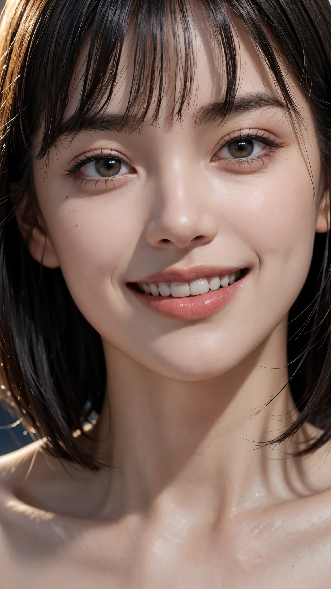 cute 26 year old,1 girl,slim face ,8K,Super realistic image quality,dynamic shadow,sparkling eyes,clear black eyes,movie theater lighting,dark back alley,night,Darkness of the city,suit, ((face close up:1.5)),((A smile showing white teeth)),((Open mouth and smile happily)),((short hair)),((very short bangs)),close, 8K, Raw photo, highest quality, masterpiece,realistic, photo-realistic,
