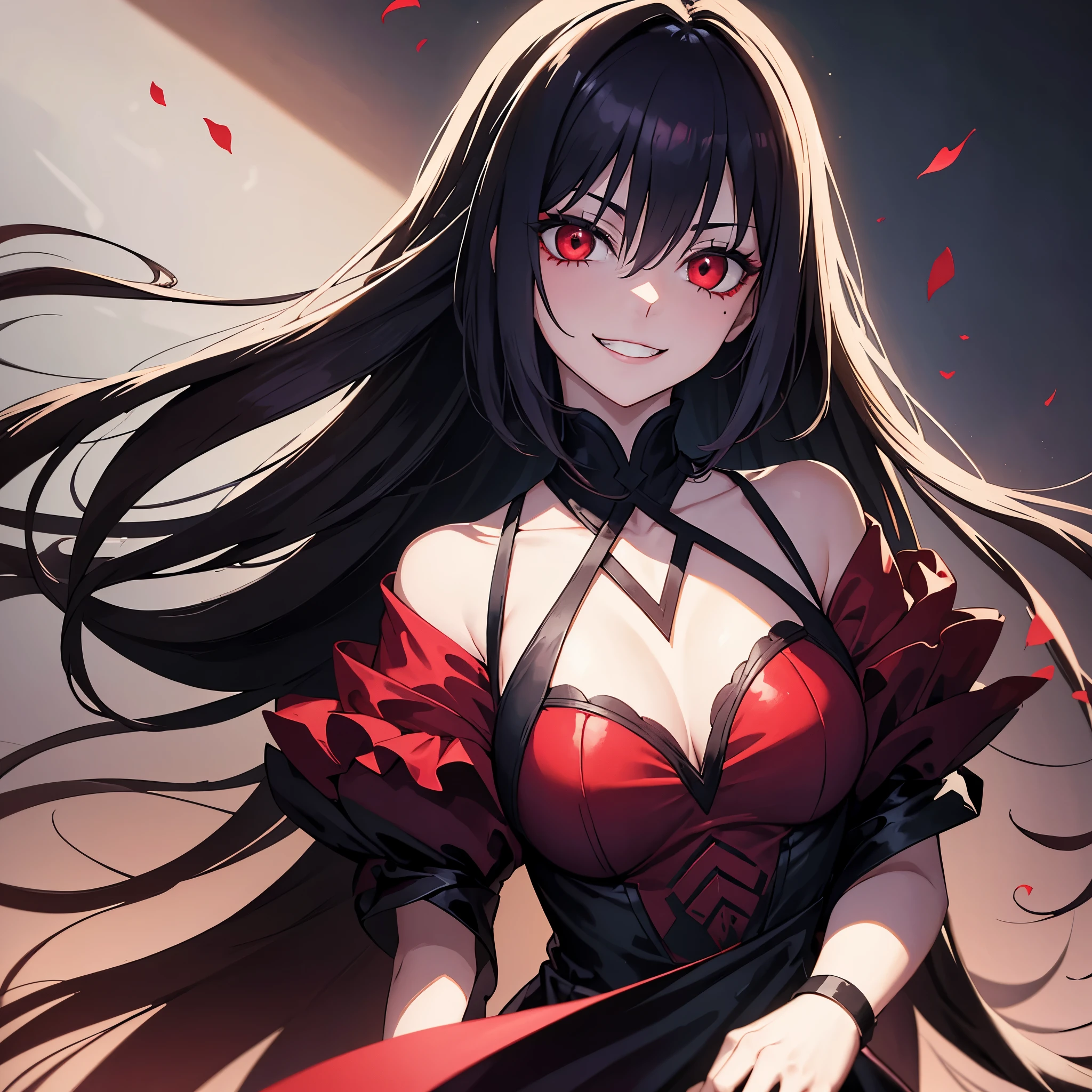 estilo anime, pale skin, cabelos pretos grandes, vampira, sadistic smile, Facing the camera, roupas pretas estilo de 1920 cobrindo todo o corpo exceto o rosto, menacing face and red eyes. Place with low lighting and plenty of shadow highlighting the eyes, o sorriso fechado e os dentes.