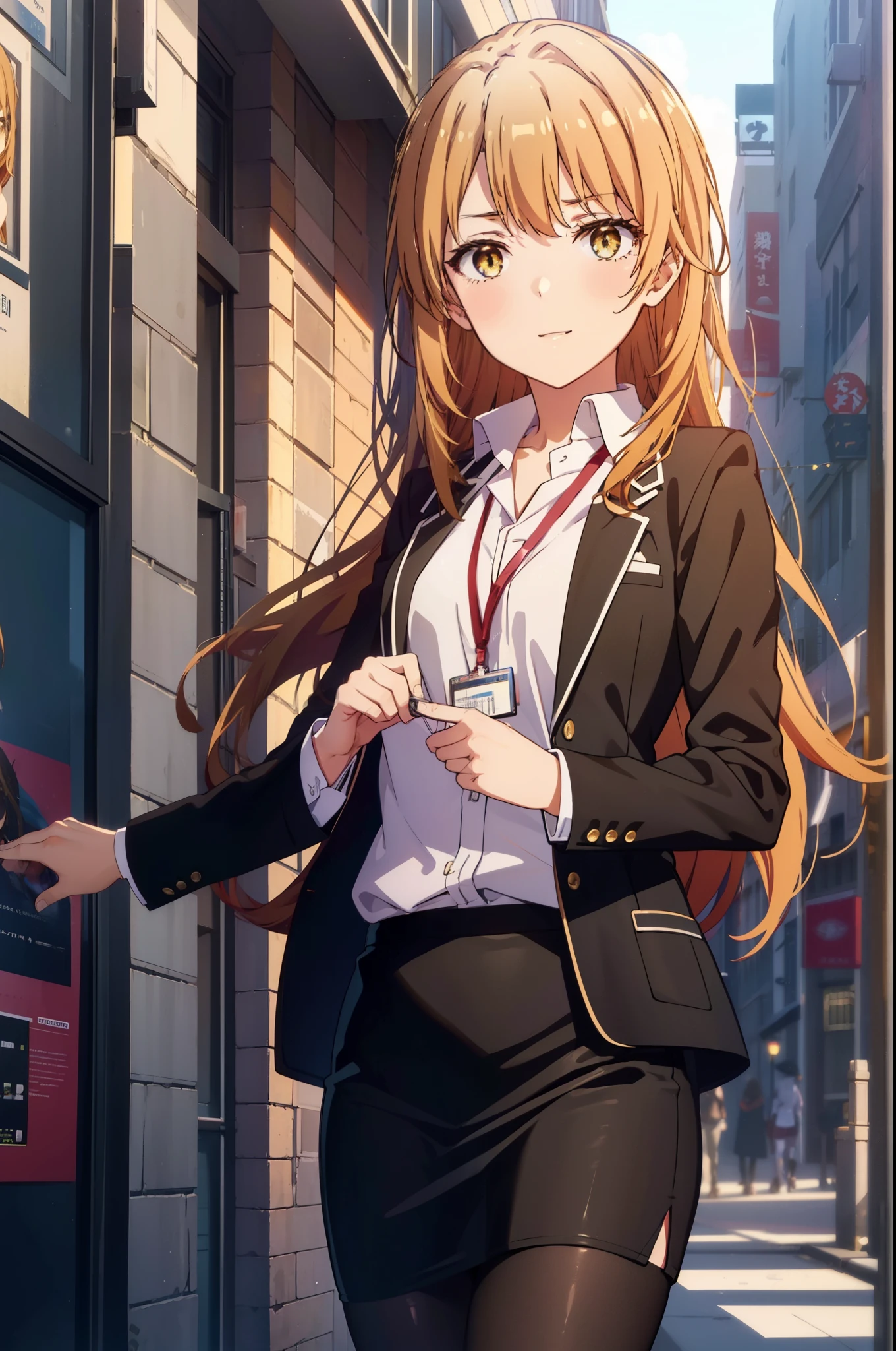 irohaisshiki, iroha isshiki, long hair, brown hair, (brown eyes:1.5), 
OL, happy smile, smile, open your mouth,red glasses, end, black suit jacket, collared jacket, white dress shirt, collared shirt, neckline, button, strap, ID card on neck, black pencil skirt, black pantyhose,stiletto heels,morning,morning日,the sun is rising,So that the whole body goes into the illustration,
break outdoors, In town,building street,
break looking at viewer, (cowboy shot:1.5),
break (masterpiece:1.2), highest quality, High resolution, unity 8k wallpaper, (figure:0.8), (detailed and beautiful eyes:1.6), highly detailed face, perfect lighting, Very detailed CG, (perfect hands, perfect anatomy),