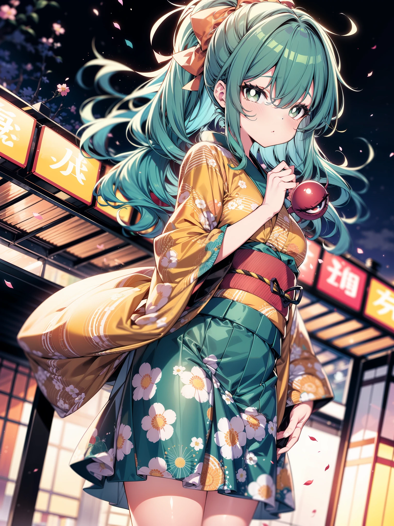 side view, (masterpiece), (colorful), (ultra-high resolution, depth of field:1.2), looking at viewer, (komeiji koishi:1.1), (1woman), adult, Touhou project, medium breasts, (dark green eyes), white pupils, glowing eyes, green hair, wavy hair, (long hair), yellow ribbon, ponytail, (wearing a yellow yukata1.2). faint flowery pattern, A closed blue-purplish "third eye" is positioned over her heart, with cords wrapped around her torso and attached to each of her ankles, Japanese market scenery, night, sakura trees in the background