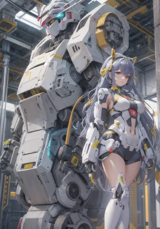((masterpiece, better quality)),figure,Ultra-detailed 8K,realistic,sharp focus,very detailed,professional lighting,colorful details,Rainbow colors BREAK Very long factory plan,Structure of large mechanical robot,microchip,computer,shiny, intricate details,Shitsumeka,A girl standing next to a mecha, gundam, belly button, cute, sexy, eyes are very detailed,