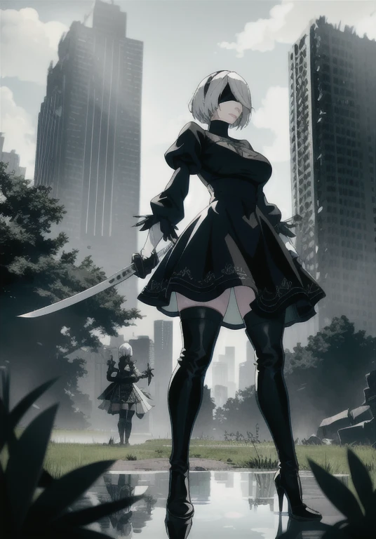 yorha no. 2 type b, 1girl, absurdres, black blindfold, black dress, black hairband, blindfold, blue sky, boots, building, city, covered eyes, debris, huge ass, huge breasts, huge thighs, narrow waist, wide hips, thick thighs, curvy, dress, feather-trimmed sleeves, feather trim, from below, gloves, grass, hairband, high heel boots, high heels, highres, juliet sleeves, katana, leather, leather boots, long sleeves, nier \(series\), nier automata, outdoors, overgrown, pod \(nier automata\), post-apocalypse, puddle, puffy sleeves, rubble, ruins, scenery, sky, thigh boots, thighhighs, thighhighs under boots, water