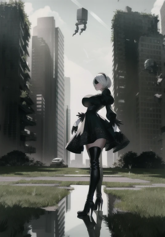 yorha no. 2 type b, 1girl, absurdres, black blindfold, black dress, black hairband, blindfold, blue sky, boots, building, city, covered eyes, debris, huge ass, huge breasts, huge thighs, narrow waist, wide hips, thick thighs, curvy, dress, feather-trimmed sleeves, feather trim, from below, gloves, grass, hairband, high heel boots, high heels, highres, juliet sleeves, katana, leather, leather boots, long sleeves, nier \(series\), nier automata, outdoors, overgrown, pod \(nier automata\), post-apocalypse, puddle, puffy sleeves, rubble, ruins, scenery, sky, thigh boots, thighhighs, thighhighs under boots, water