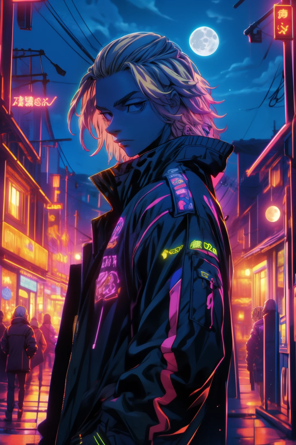 depth of field, sharp detail, best quality, looking at viewer, 1boy, solo, male focus, manjirou_sano, blonde hair, black eyes,purple jaket,neon jaket,glwo jaket,old town,night time,moon rise ,Mikey