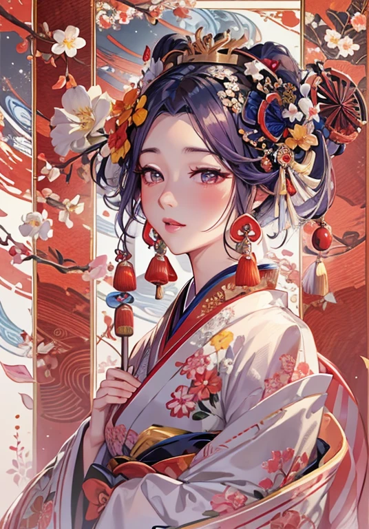 An arafe woman with a fan and flowers in her hair, exquisite digital illustration, Beautiful artwork illustration, amazing digital illustrations, beautiful digital artwork, Inspired by Yoon Doo Seo, digital illustration style, empress of china, geisha portrait, beautiful fantasy empress, beautiful digital illustrations, 美しいgeisha portrait, geisha portrait