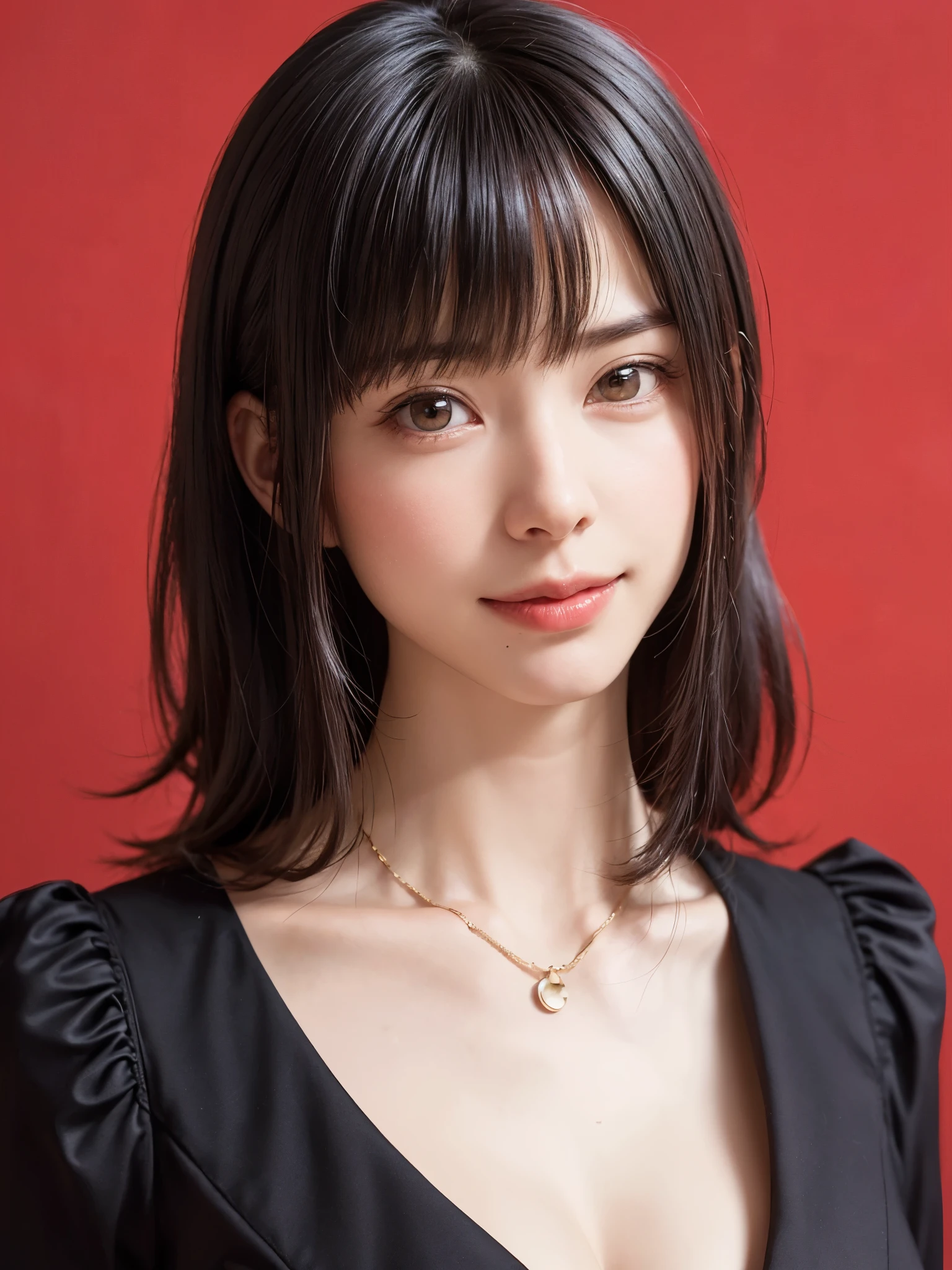 (masterpiece, highest quality),1 girl, alone, scarf, have, realistic, realistic, looking at the viewer, light colored black eyes, Brunette short bob hair with highly detailed shiny hair, Winter clothes, Whity, lips, bangs, outdoor, closed mouth, Upper body、Big eyes、eyelash、((There'There'There'There'There'There'There'、very simple red background:1.8))、(((bangsのあるショートヘア、Big eyes、big and full chest、look at the audience、beautiful beauty、show me your ears、long neck、smile、please close your mouth and smile)))、ideal body proportions、{Huge|big|Hugeな|mega} chest, cleavage、幸せなsmile