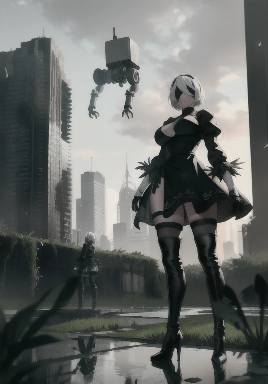 (masterpiece:1.2, best quality:1.2, beautiful, high quality, highres:1.1, aesthetic), detailed, extremely detailed, ambient soft lighting, 4K, perfect eyes, perfect face, perfect lighting, cowboy shot, yorha no. 2 type b, 1girl, absurdres, black blindfold, black dress, black hairband, blindfold, blue sky, boots, building, city, cloud, covered eyes, debris, huge ass, huge breasts, huge thighs, narrow waist, wide hips, thick thighs, curvy, dress, feather-trimmed sleeves, feather trim, from below, gloves, grass, hairband, high heel boots, high heels, highres, juliet sleeves, katana, leather, leather boots, long sleeves, nier \(series\), nier automata, outdoors, overgrown, pod \(nier automata\), post-apocalypse, puddle, puffy sleeves, rubble, ruins, scenery, sky, thigh boots, thighhighs, thighhighs under boots, water