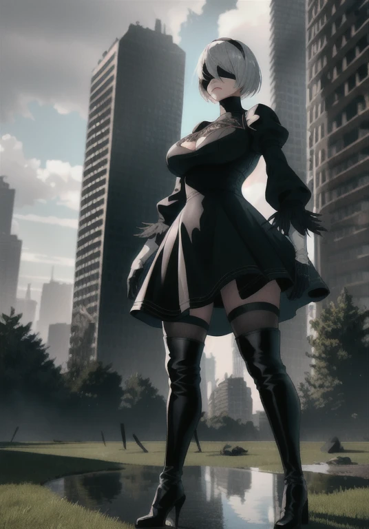 (masterpiece:1.2, best quality:1.2, beautiful, high quality, highres:1.1, aesthetic), detailed, extremely detailed, ambient soft lighting, 4K, perfect eyes, perfect face, perfect lighting, cowboy shot, yorha no. 2 type b, 1girl, absurdres, black blindfold, black dress, black hairband, blindfold, blue sky, boots, building, city, cloud, covered eyes, debris, huge ass, huge breasts, huge thighs, narrow waist, wide hips, thick thighs, curvy, dress, feather-trimmed sleeves, feather trim, from below, gloves, grass, hairband, high heel boots, high heels, highres, juliet sleeves, katana, leather, leather boots, long sleeves, nier \(series\), nier automata, outdoors, overgrown, pod \(nier automata\), post-apocalypse, puddle, puffy sleeves, rubble, ruins, scenery, sky, thigh boots, thighhighs, thighhighs under boots, water