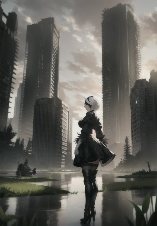 (masterpiece:1.2, best quality:1.2, beautiful, high quality, highres:1.1, aesthetic), detailed, extremely detailed, ambient soft lighting, 4K, perfect eyes, perfect face, perfect lighting, cowboy shot, yorha no. 2 type b, 1girl, absurdres, black blindfold, black dress, black hairband, blindfold, blue sky, boots, building, city, cloud, covered eyes, debris, huge ass, huge breasts, huge thighs, narrow waist, wide hips, thick thighs, curvy, dress, feather-trimmed sleeves, feather trim, from below, gloves, grass, hairband, high heel boots, high heels, highres, juliet sleeves, katana, leather, leather boots, long sleeves, nier \(series\), nier automata, outdoors, overgrown, pod \(nier automata\), post-apocalypse, puddle, puffy sleeves, rubble, ruins, scenery, sky, thigh boots, thighhighs, thighhighs under boots, water