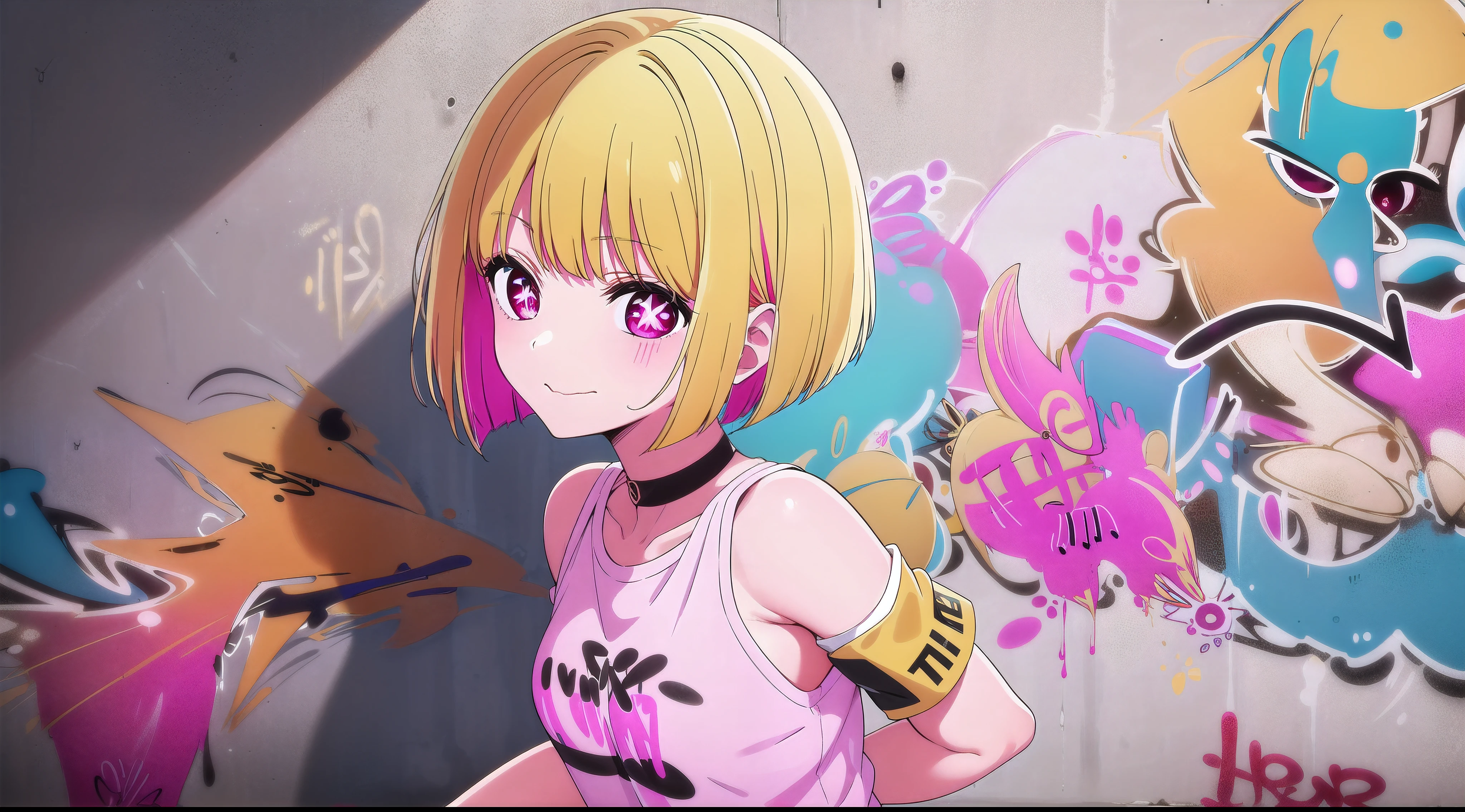 masterpiece, best quality, 1girl, solo, stylish crop top, short hair, bangs, blonde hair, (pink eyes:1.3), sidelocks, (symbol-shaped pupils:1.5), multicolored hair, two-tone hair, smile, vibrant short, (sliced_bob), French bob haircut, bobhair, short-hair, short bob hair, (((bobcut))), bob haircut, very short bob cut, lip length hair, blunt ends, buzzed nape ((haircut:1.3)), undercut, bobbed hair, minibob, sidecut, shaved, graduation bob, straight short hair, short hair above the ears, Shot diagonally from the side, elegant braid, soft bangs, upper body, alluring choker, (graffiti:1.5), artistic paint splatter, seductive arms behind back, leaning against wall, exposed back, fashionable armband, urban hiphop style, flirty skirt, playful head tilt, intense expression, warm orange, dynamic asymmetrical design, bold geometric shapes, creative street art