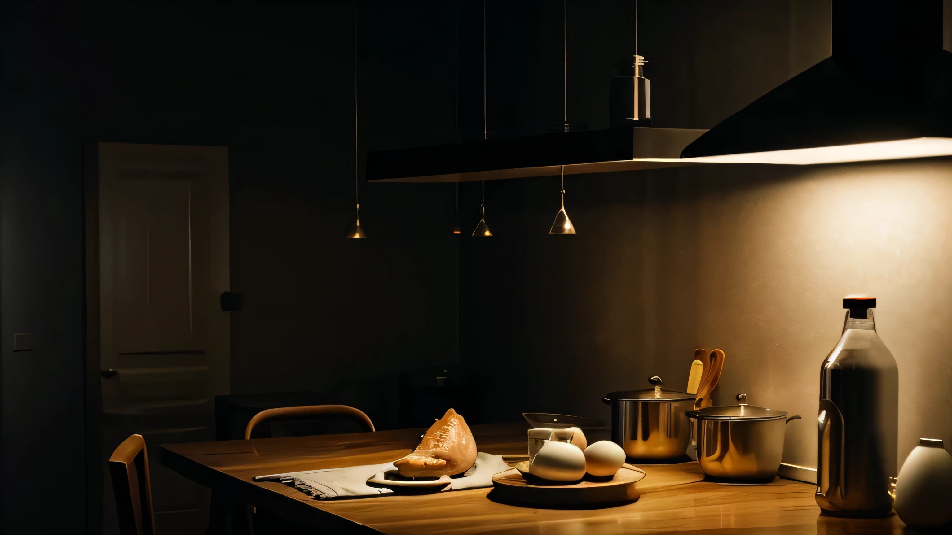 kitchen table with cooked chicken, one glass of milk and 2 boiled eggs on, dark cinematic scene light