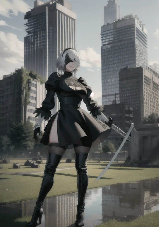 (masterpiece:1.2, best quality:1.2, beautiful, high quality, highres:1.1, aesthetic), detailed, extremely detailed, ambient soft lighting, 4K, perfect eyes, perfect face, perfect lighting, cowboy shot, yorha no. 2 type b, 1girl, absurdres, black blindfold, black dress, black hairband, blindfold, blue sky, boots, building, city, cloud, covered eyes, debris, huge ass, huge breasts, huge thighs, narrow waist, wide hips, thick thighs, curvy, dress, feather-trimmed sleeves, feather trim, bending over, leaning forward, from below, gloves, grass, hairband, high heel boots, high heels, highres, juliet sleeves, katana, leather, leather boots, long sleeves, nier \(series\), nier automata, outdoors, overgrown, pod \(nier automata\), post-apocalypse, puddle, puffy sleeves, rubble, ruins, scenery, sky, thigh boots, thighhighs, thighhighs under boots, water