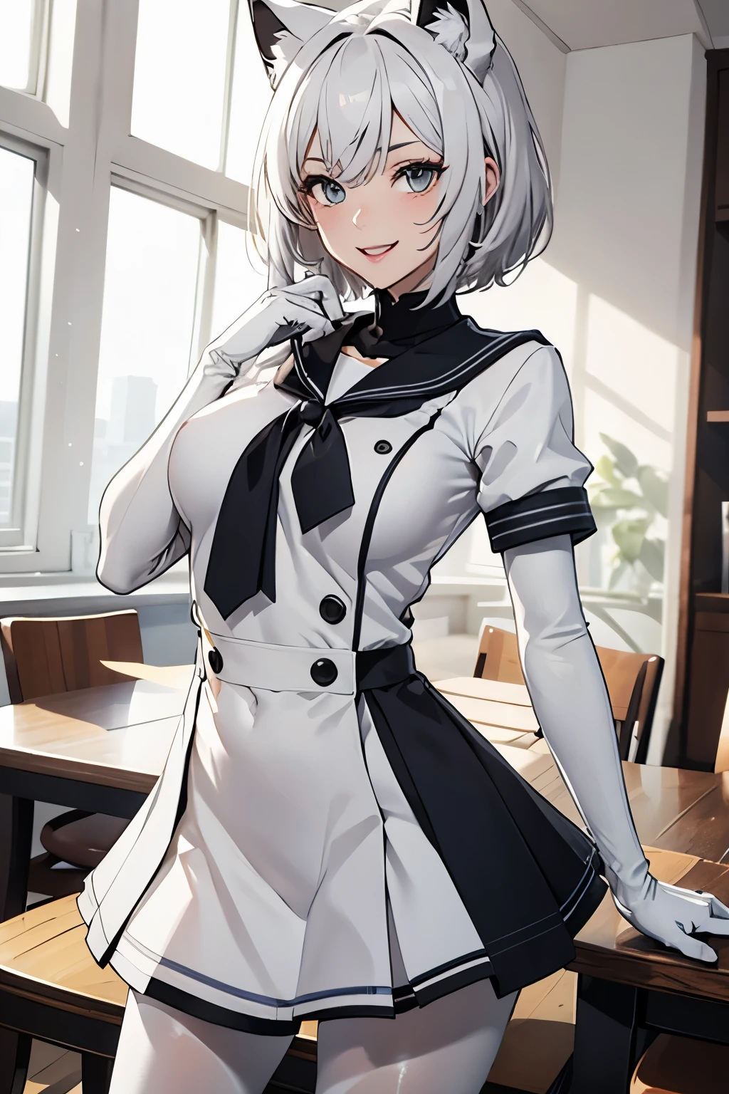 table top　High level image quality　best image quality　8K　 adult woman　whole body　portrait　pure white long gloves（elbow gloves）　Pure white pantyhose　sailor suit（No sleeve）　mini skirt　white wolf ears　short hair（（shortcut）（gray hair）（perm）（fluffy））　eye color is blue　attractive face（（laughter）（smile）（open your mouth））　I&#39;m looking forward to　sexy pose　hold the skirt　view from below