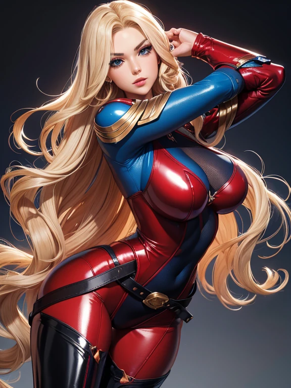 Best quality, 8K, action pose, woman vintage super hero, beautiful and detailed face, blonde curly long hair,big eyelashes,LOOKING TO observer,red and blue metalic armour over bodystocking, SHINY GLOSSY PANTYHOSE,black belt,over the knee boots,white neutral scenario