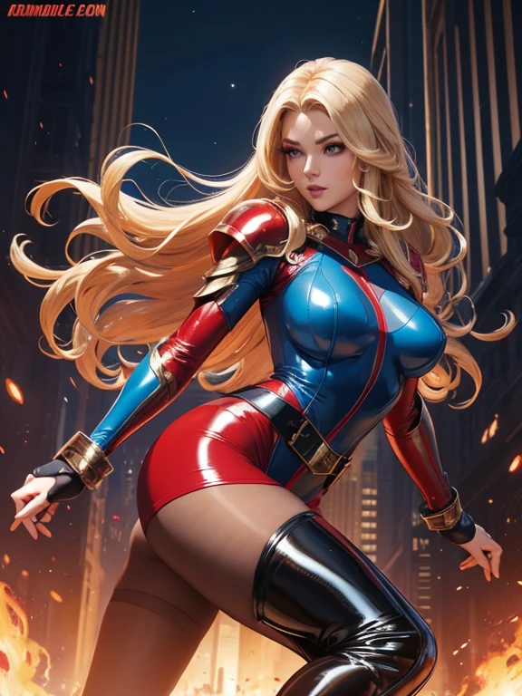 Best quality, 8K, action pose, woman vintage super hero, beautiful and detailed face, blonde curly long hair,big eyelashes,LOOKING TO observer,red and blue metalic armour over bodystocking, SHINY GLOSSY PANTYHOSE,black belt,over the knee boots,white neutral scenario