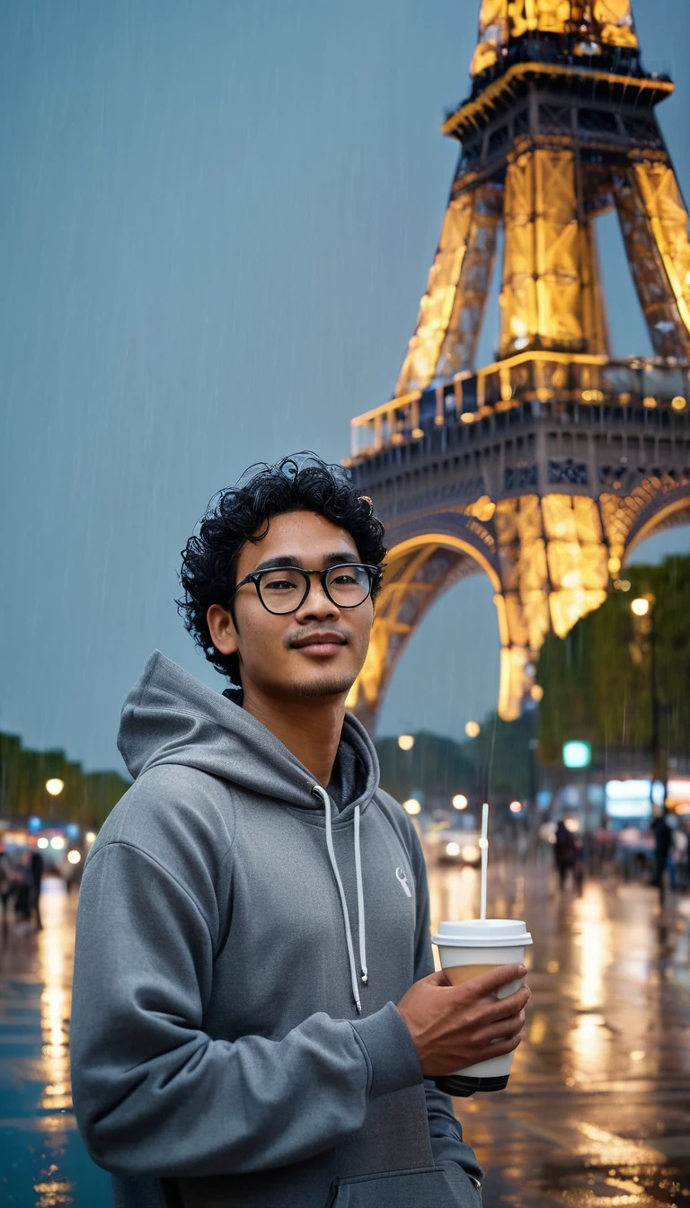 "The image depicts a 30-year-old Indonesian man with curly hair, wearing formal glasses and a casual gray hoodie. He walks backward in a drizzling rain, calmly glancing at the camera. In his raised hand, he holds a white coffee cup with the prominent inscription 'oner.id.' The background features the Eiffel Tower in night weather, enveloped in a gentle haze of thin smoke and soft blue light. For high-quality results, use the portrait mode of a Hasselblad camera."