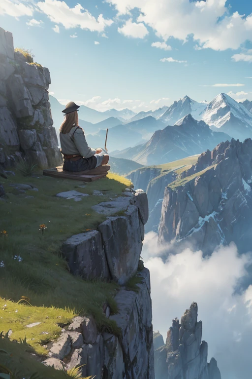 big Slavic smithy up on the mountain, thatched roof, smithy on a rocky cliff