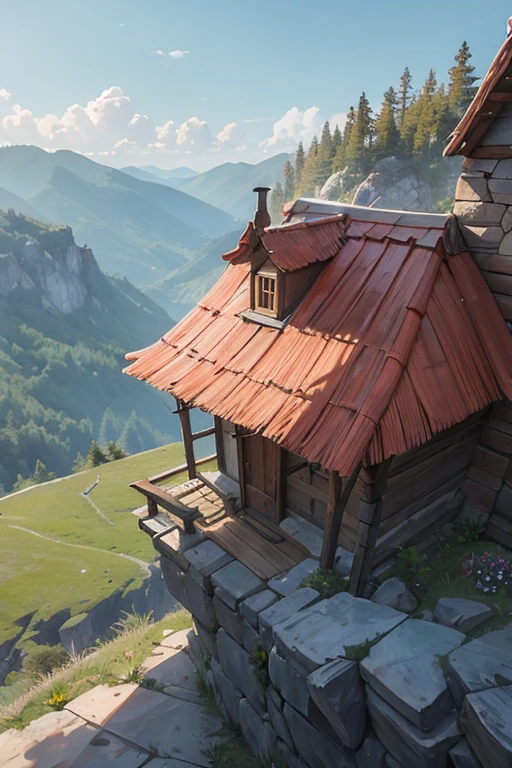 big Slavic smithy up on the mountain, thatched roof, smithy on a rocky cliff