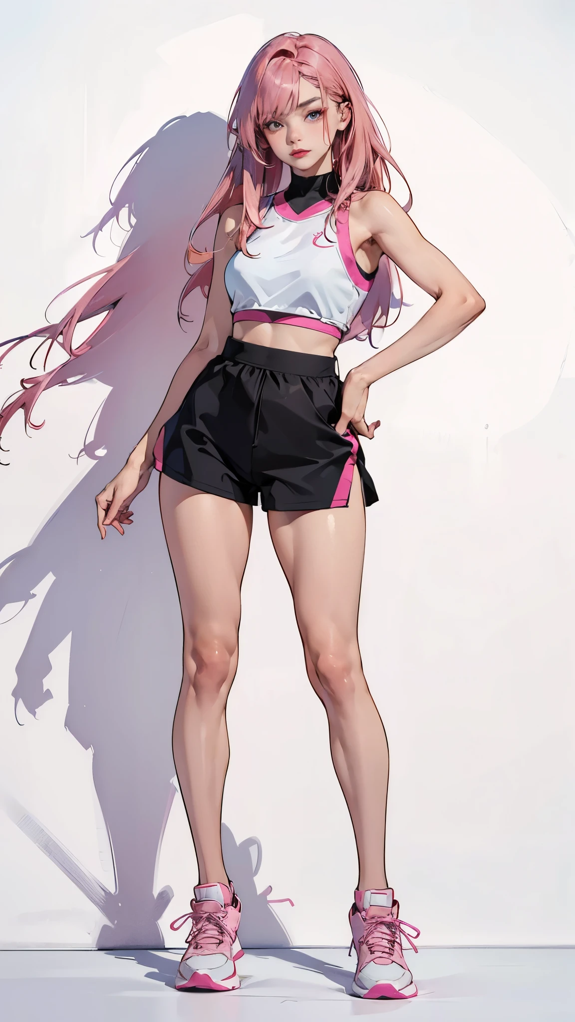 ((best quality,4k,highres,masterpiece:1.2)),((character concept art)), 1 female, 19-year-old Asian girl, Instagram model, online influencer, ((long pink hair)), makeup, perfect body build, small shoulder tattoo, dance instructor, ((intricate detail)), super finely detailed hands, ultra finely detailed fingers(((ten fingers))), wearing dance-inspired fashion style clothing, crop top, high-waist dance shorts, knee-length dance socks, dance sneakers, sports bra, (standing in a dance studio), (full body showcase), (show full body), (no logos on background), (no logo), ((plain background)), ((plain background)), (((empty background)))