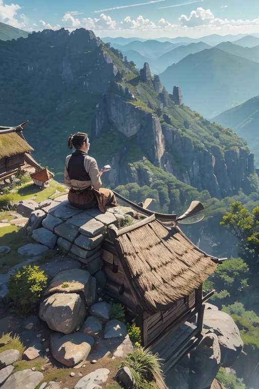 big smithy up on the mountain, thatched roof, smithy on a rocky cliff