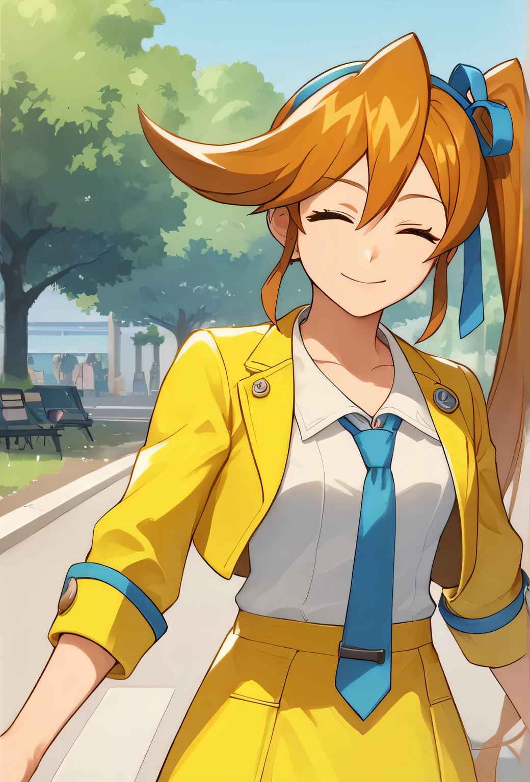 score_9, score_8, score_7, source_anime,
anime, official art,
rating_general,
aacykes, hair ribbon, side ponytail,
necktie, yellow jacket, yellow skirt,
1girl, head tilt, solo, palms together, closed eyes, light smile, blissful, park