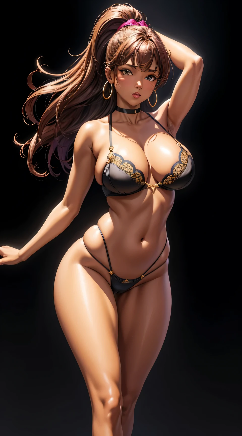 (best quality:1.5, highres, UHD, 4K, detailed lighting, shaders), brown floral haired, gradient hair, big breasts, brown bra, big thighs,  big butt, brown string, mature woman , (pov), black background, colorful eyeshadow, dramatic lighting, sparkling eyes, sensual expression, golden earrings, flowing hair, delicate facial features, dark skin, high cheekbones, urban setting, full body, black background, dont look for the camera, lean forward,  behind  the camera