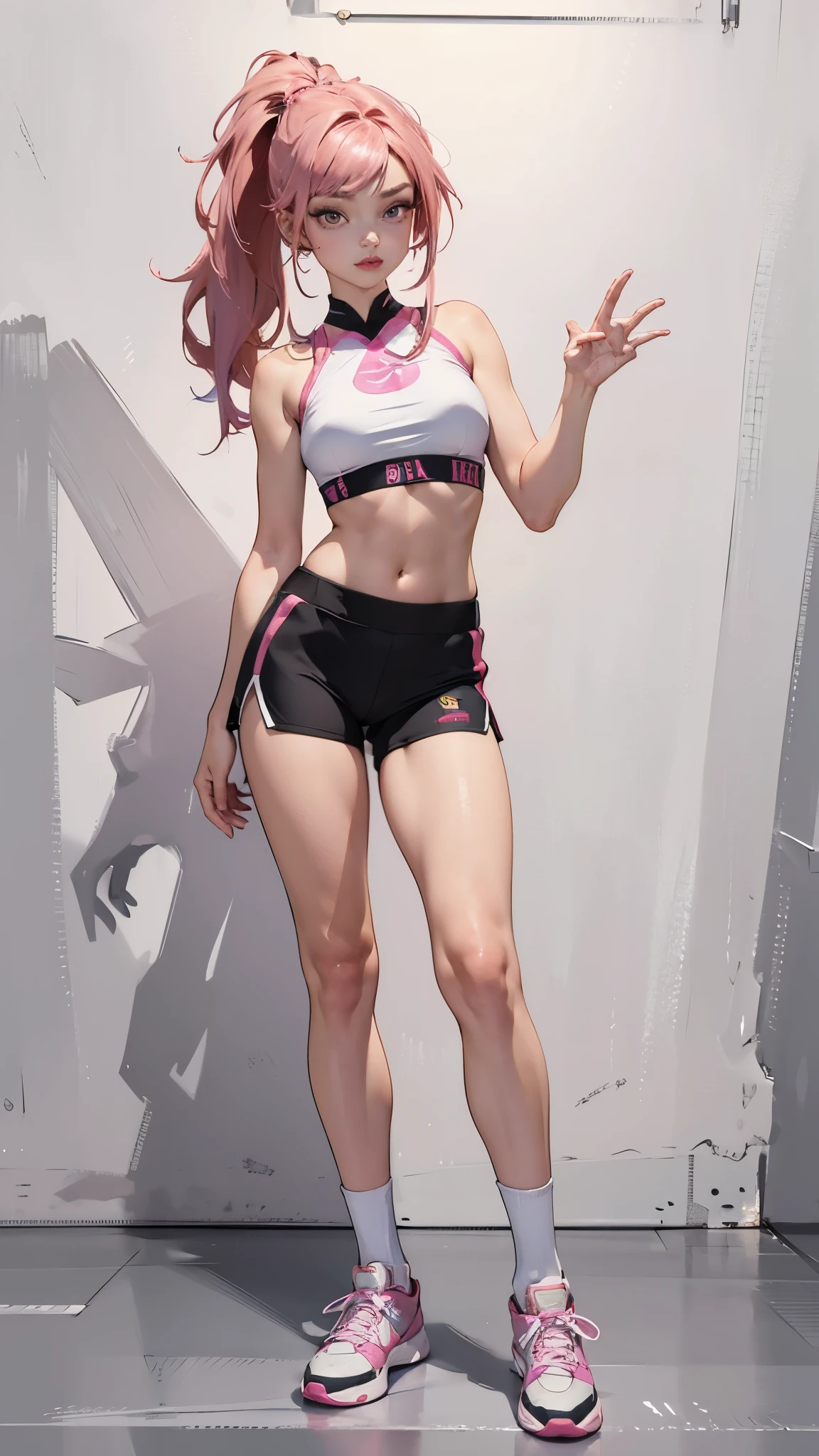 ((best quality,4k,highres,masterpiece:1.2)),((character concept art)), 1 female, 19-year-old Asian girl, Instagram model, online influencer, ((long pink hair)), makeup, perfect body build, small shoulder tattoo, dance instructor, ((intricate detail)), super finely detailed hands, ultra finely detailed fingers(((ten fingers))), wearing dance-inspired fashion style clothing, crop top, high-waist dance shorts, knee-length dance socks, dance sneakers, sports bra, (standing in a dance studio), (full body showcase), (show full body), (no logos on background), (no logo), ((plain background)), ((plain background)), (((empty background)))