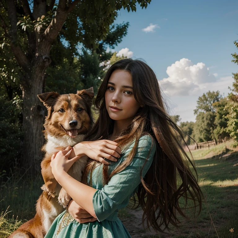 Illustration for a fairy tale where a beautiful girl with long hair with a dog