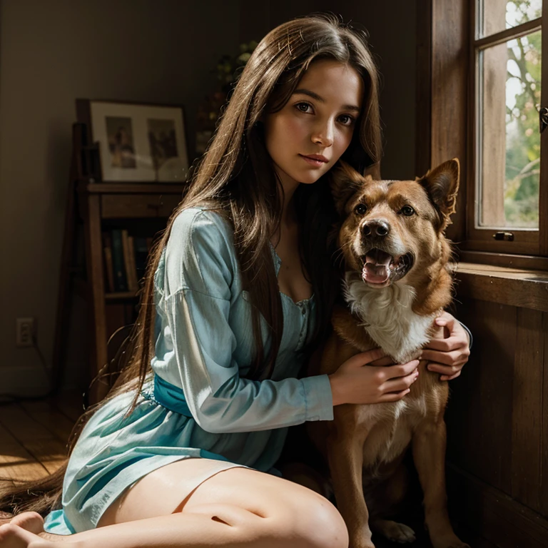 Illustration for a fairy tale where a beautiful girl with long hair with a dog