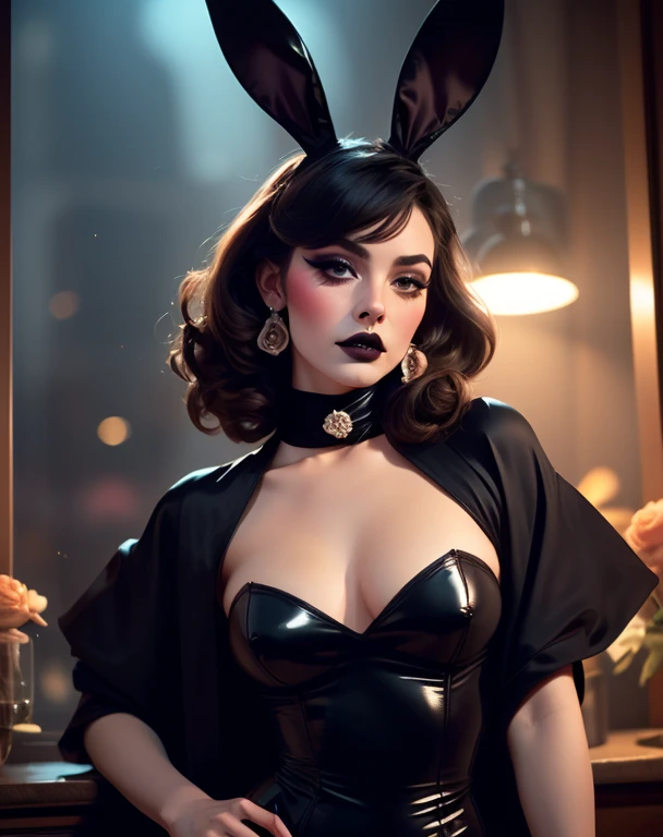 film cinématographique toujours belle femme, Balenciaga Mode, (playmate seductive playboy bunny),justaucorps en satin rose, menottes, noeud papillon, fausses oreilles d'animaux, oreilles de lapin, tenant un plateau de service, club, salon, Smoky atmosphere, collants, talons hauts,((dimly lit, diffused lighting), eye-liner, eye shadow, se maquiller, black lips . faible profondeur de champ, Vignette, Very detailed, high budget, Bokeh, Cinemascope, lunatique, epic, Magnifique, grain de film, granuleux