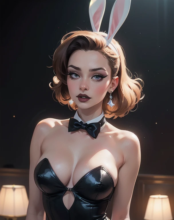 film cinématographique toujours belle femme, Balenciaga Mode, (playmate seductive playboy bunny),justaucorps en satin rose, menottes, noeud papillon, fausses oreilles d'animaux, oreilles de lapin, tenant un plateau de service, club, salon, Smoky atmosphere, collants, talons hauts,((dimly lit, diffused lighting), eye-liner, eye shadow, se maquiller, black lips . faible profondeur de champ, Vignette, Very detailed, high budget, Bokeh, Cinemascope, lunatique, epic, Magnifique, grain de film, granuleux