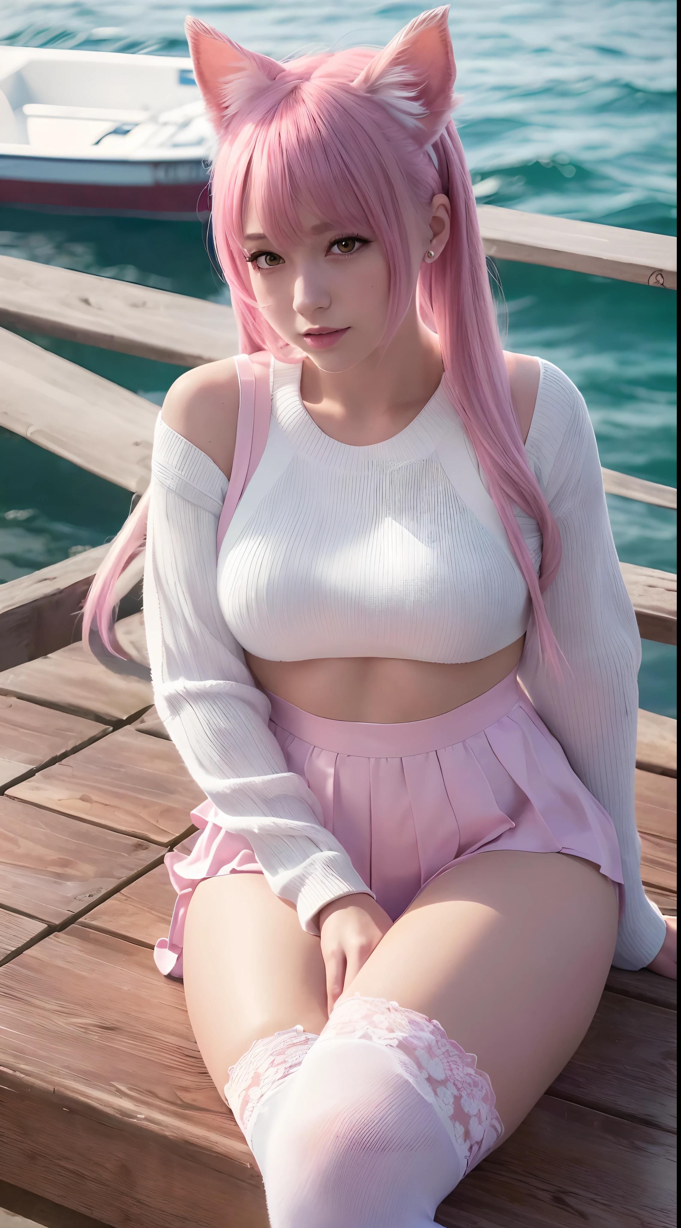 (best quality,4k,8k,highres,masterpiece:1.2), ultra-detailed,(realistic,photorealistic,photo-realistic:1.37), a woman with two tails, JK , white lace knee-high socks, vibrant colors, pink hair, cat ears, soft lighting, harbor, beach, boat trip