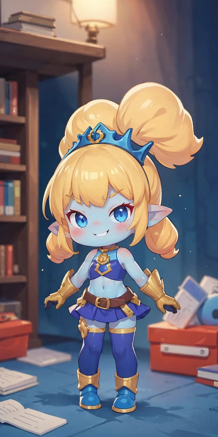 full body, def_effie, blue breastplate, blue skin, looking at viewer, shiny,armor, thighhighs, high boots,shoulder armor, faulds, poleyn, gloves, gauntlets, Rerebrace armored boots, pauldrons,(masterpiece, best quality, ultra-detailed, best shadow) yordle (1girl)( blue skin:1.2) pointy ears muscular lean platinum blonde long twin-tails hairstyle at the office lustful smirking smile face red blushed, blush, strong abs, female body builder, tiara, twin drills hair