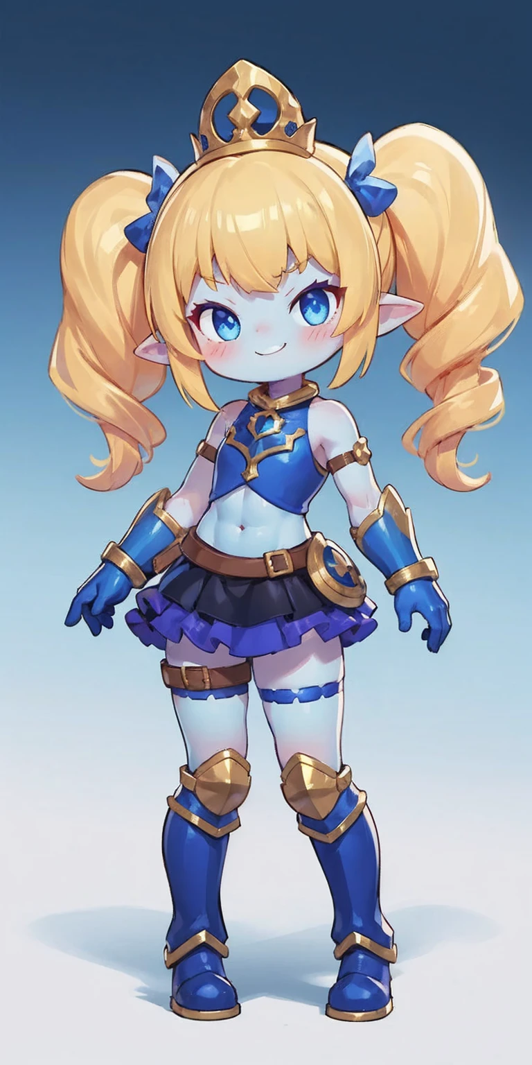 full body, def_effie, blue breastplate, blue skin, looking at viewer, shiny,armor, thighhighs, high boots,shoulder armor, faulds, poleyn, gloves, gauntlets, Rerebrace armored boots, pauldrons,(masterpiece, best quality, ultra-detailed, best shadow) yordle (1girl)( blue skin:1.2) pointy ears muscular lean platinum blonde long twin-tails hairstyle at the office lustful smirking smile face red blushed, blush, strong abs, female body builder, tiara, twin drills hair