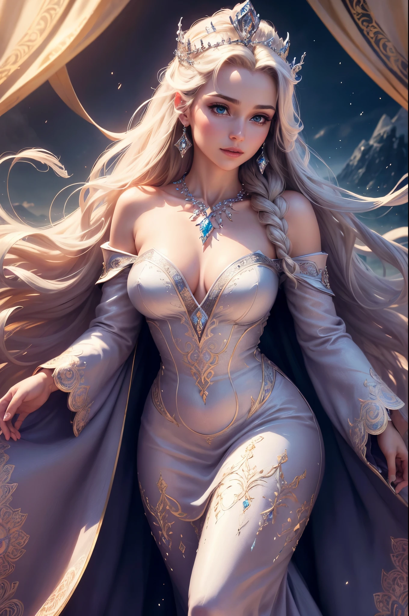 (highres, ultra-detailed, realistic:1.37), elsa, frozen, beautiful body, beautiful detailed eyes, detail-oriented nose, luscious lips, long flowing hair, radiant smile, elegant crown, royal attire, intricate jewelry, graceful pose, enchanting expression, majestic castle in the background, vibrant colors, soft lighting, regal atmosphere, atmospheric perspective, stunning landscape, floating clouds, magical aura, timeless beauty, intricate patterns, ethereal ambiance, striking contrast, dreamlike quality, cinematic composition