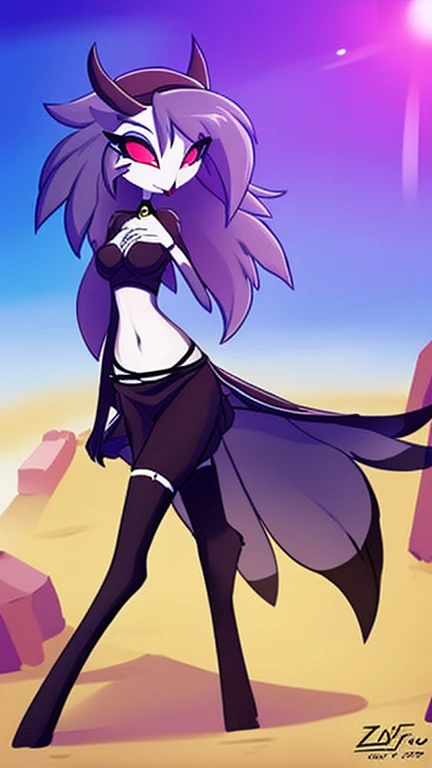 by zinfyu, detailed background, octavia \(helluva boss\), owl demon, grey body, red sclera, white eyes, white face, tail feathers, octaviagoetia, female, solo, Arabian belly dancer, pink BellyDancer costume, sexy belly dancing, navel focus, sexy navel, dancing on sand, desert, night
