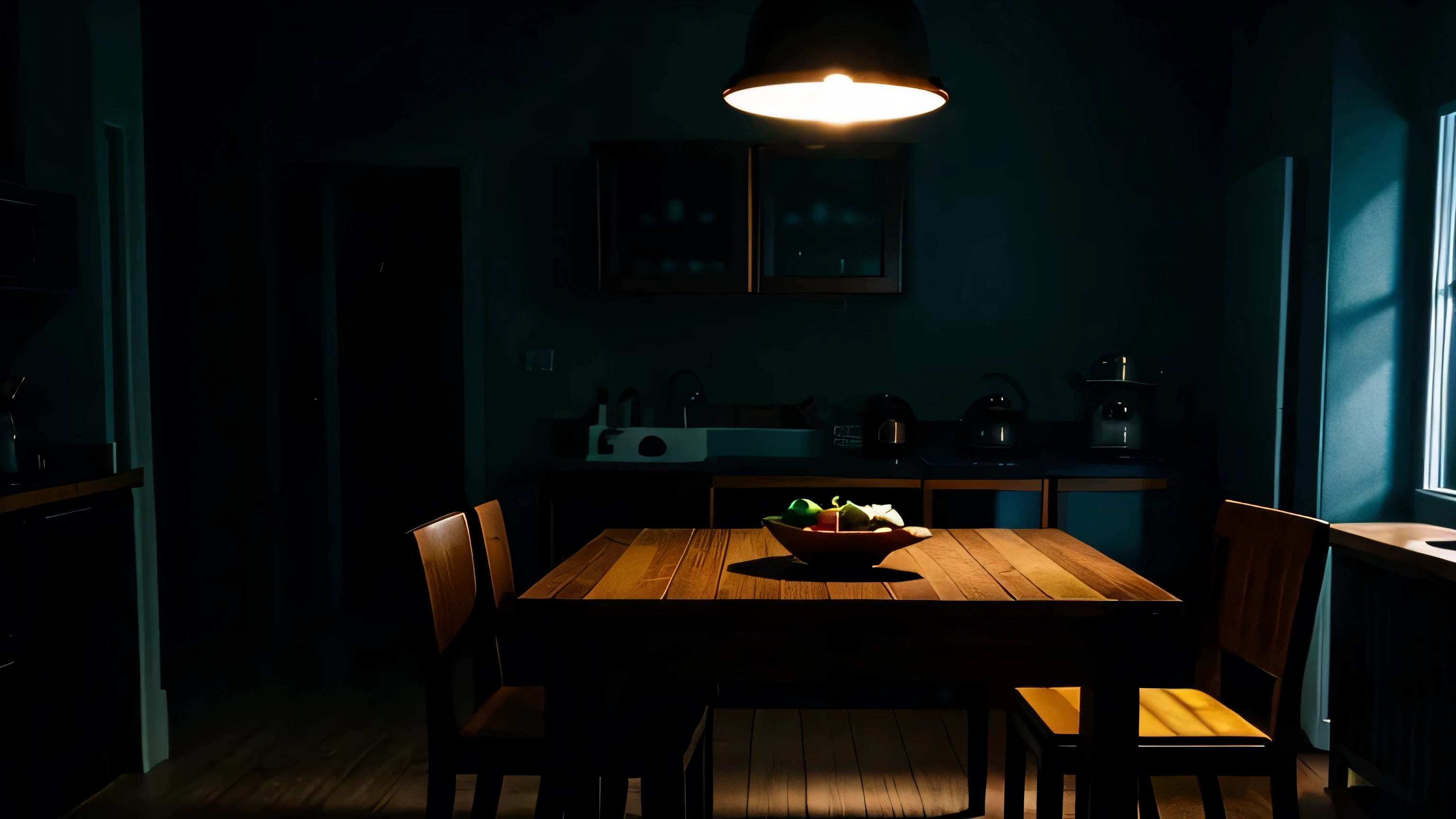 kitchen table; dark cinematic scene light