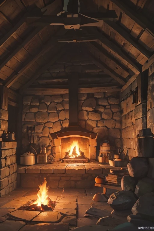 inside of a slavic smithy up on the mountain, thatched roof, smithy on a rocky cliff, proffesional smithing equipment, anvil, smoldering forge, hot coals in the forge 