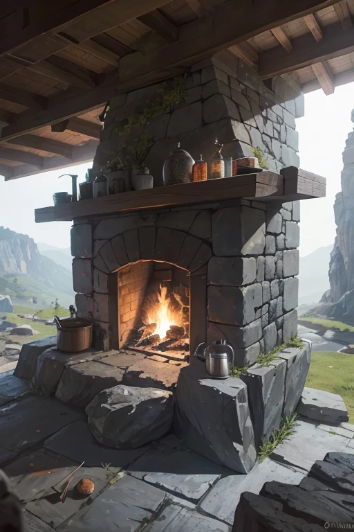 inside of a slavic smithy up on the mountain, thatched roof, smithy on a rocky cliff, proffesional smithing equipment, anvil, smoldering forge, hot coals in the forge 