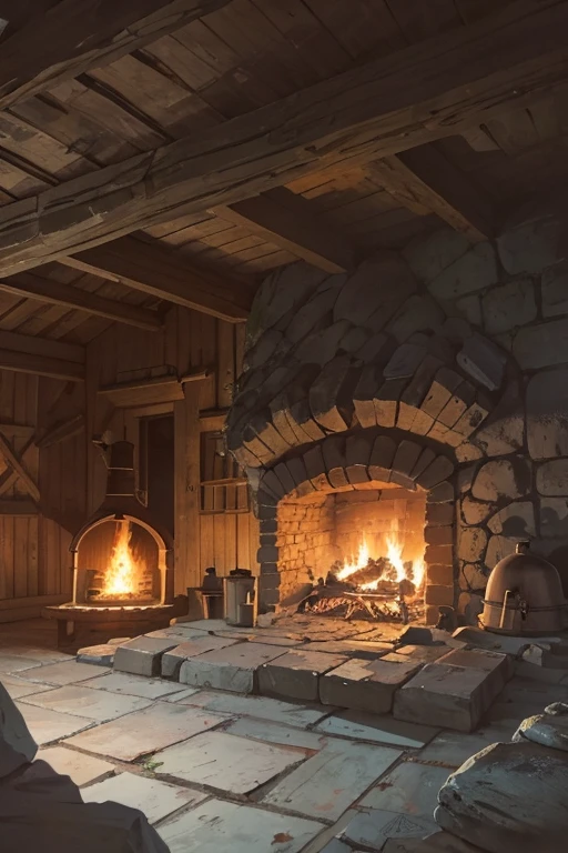 inside of a slavic smithy up on the mountain, thatched roof, smithy on a rocky cliff, proffesional smithing equipment, anvil, smoldering forge, hot coals in the forge 